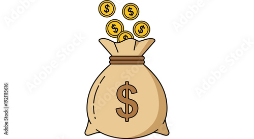 Money Bag Overflowing with Gold Coins and Dollar Sign