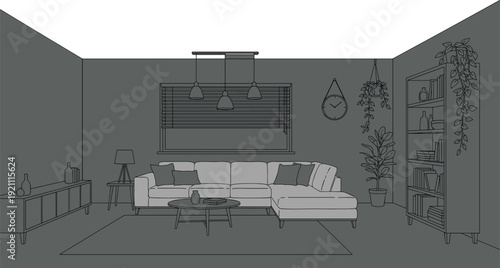Modern living room interior illustration, black and white line drawing, cozy home design with sofa, bookshelf, plants and decor – flavector