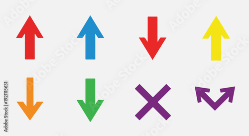 Collection of colorful direction indicators, arrows and cross, on gray background