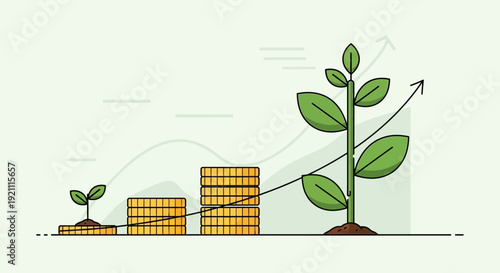 Money Growing Plant: Financial Growth, Investment, Savings, Coins and Business Success