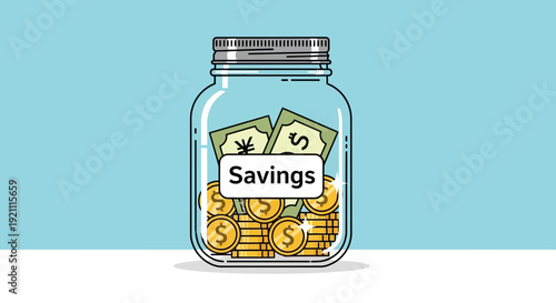 Money savings jar with coins and banknotes, financial concept illustration