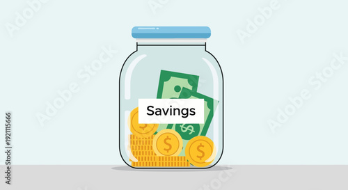 Money savings jar with coins and banknotes, financial concept
