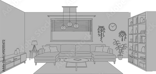 Modern living room interior line drawing, sectional sofa with cushions, bookshelf and plants, cozy home design illustration – flavector