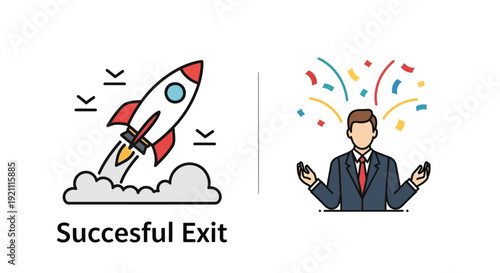 Rocket Launching and Businessman Celebrating Success - Business Startup and Achievement Concept