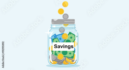 Saving Money Jar with Coins and Bills