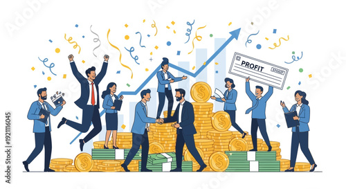 Successful Business Team Celebrate Profit Growth with Money and Confetti