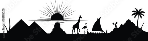 Ancient Egypt silhouette landscape with Great Pyramids, Sphinx, giraffe, flamingo, and sailboat at sunset vector illustration. Panoramic city skyline silhouette featuring world landmarks, big clock to