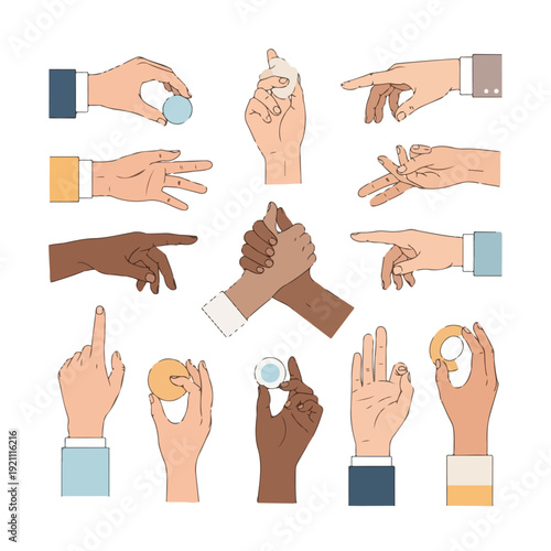 Collection of hand illustrations in various gestures and skin tones