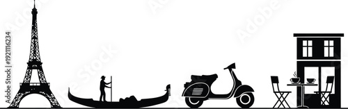 Adobe Illustrator Artwork ​European travel silhouette with Eiffel Tower, gondola, scooter, and outdoor cafe vector illustration.