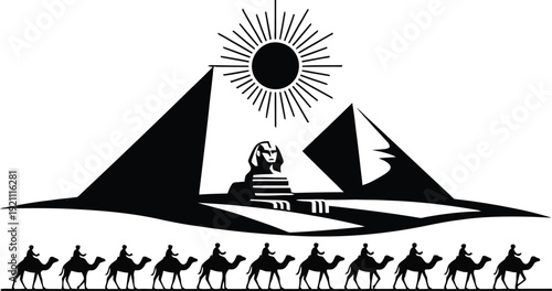 Ancient Egypt desert landscape silhouette with Great Pyramids, Sphinx, and camel caravan under the sun vector illustration.