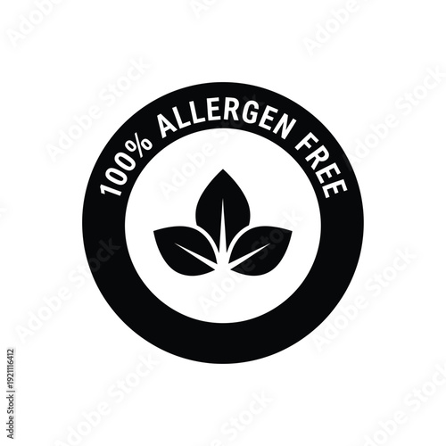 Vector illustration icon black and white logo with 100 percent allergen free label and leaf icon