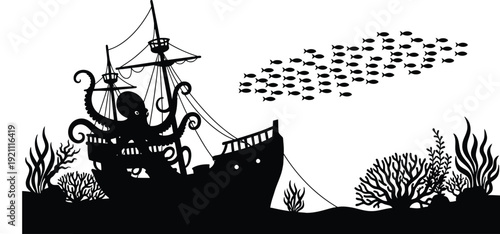 Mythical giant octopus attacking an old shipwreck on the sea floor with coral reefs and school of fish silhouette vector illustration.