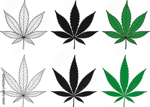 Three Distinct Cannabis Leaves in Outline, Silhouette, and Vibrant Green Color Variations