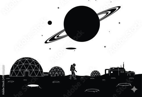 Sci-fi space exploration silhouette with astronaut on a planet surface, futuristic domes, and a ringed planet in the starry sky vector illustration.