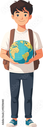 Academic vector illustration of a student holding a globe for geography lessons
