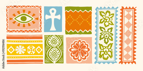 Colorful illustrated tiles featuring ancient egyptian and floral motifs