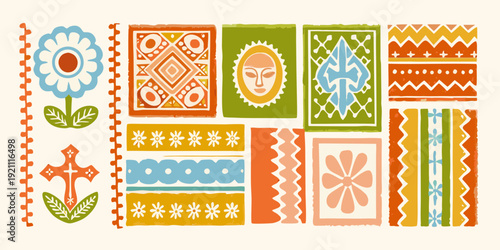 Colorful folk art patterns arranged in a rectangular composition