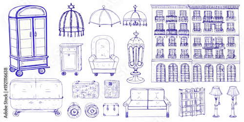 Vintage furniture and architectural elements in a blue sketch style