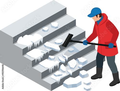 Winter snow shoveling illustration, person clearing icy stairs with shovel, cold weather safety maintenance, outdoor seasonal activity concept – flavector