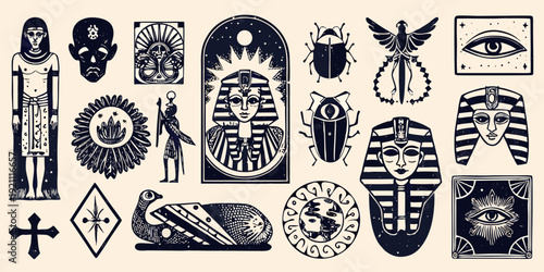 Vintage egyptian and african artifacts collection in black and white