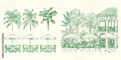 Vintage tropical scene featuring palm trees umbrellas and a building