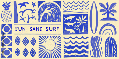 A vibrant blue illustration featuring tropical motifs and beach elements