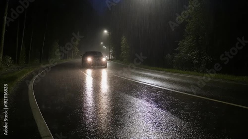 Vehicle on a Wet Road at Night