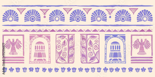 Ancient egyptian decorative border with hieroglyphs and floral motifs