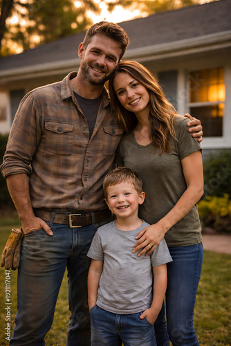 Happy smiling family of three posing proudly together in front of their beautiful home at sunset.