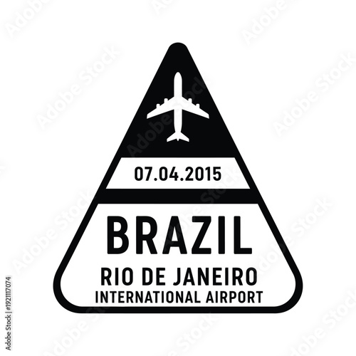 Vector illustration icon rio de janeiro international airport black and white triangular travel label or sticker with date 07042015