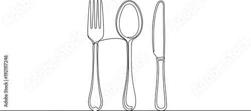 Fork spoon knife line art illustration, cutlery set outline drawing, kitchen utensils vector, minimalist tableware design