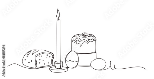 Single-Line Easter Still Life with Candle  Bread  Kulich and Eggs