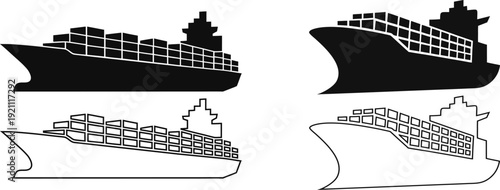 Cargo Container Ship Silhouette Vector Icon