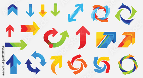 Collection of stylized arrow graphics in various colors and designs