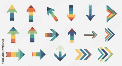 Collection of stylized arrows in various directions, with layered colored segments