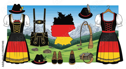 Vibrant traditional German clothing and accessories on display in scenic alpine landscape