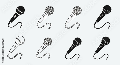 Microphone icon set featuring multiple mic styles and variations.
