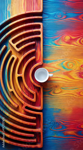 Vertical labyrinth carved into a wooden desk around a coffee cup for simplifying workflows and goal-setting stories with copy space