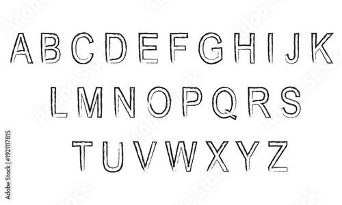 Hand Drawn Brush Alphabet Letters Set. Complete uppercase alphabet in bold hand drawn brush style, black ink lettering isolated on white background for typography and design projects.