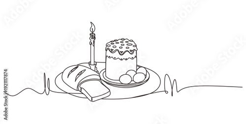 Single-Line Easter Still Life with Candle  Bread  Kulich and Eggs