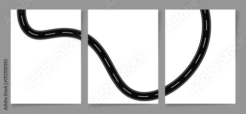 Abstract vector illustration of a winding, dark asphalt road with white dashed lane markings presented across three panels.