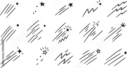 Hand drawn stars and shooting stars in whimsical doodle style with black ink on white background for festive decoration