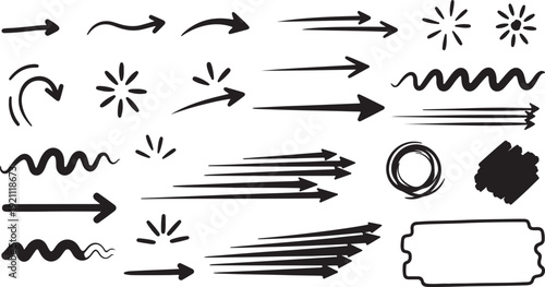 Hand drawn arrows and motion lines in black ink on white background with dynamic gestures for graphic design
