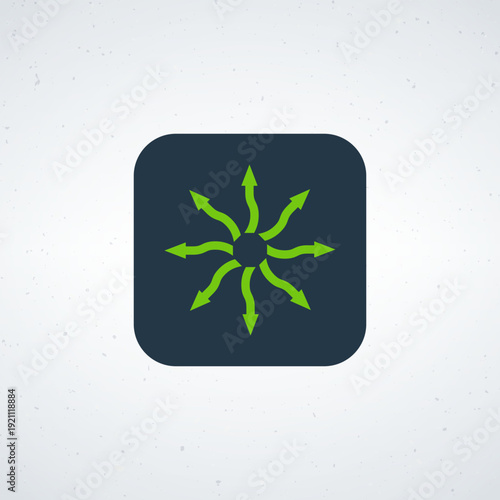A green arrow logo on a dark blue square background
