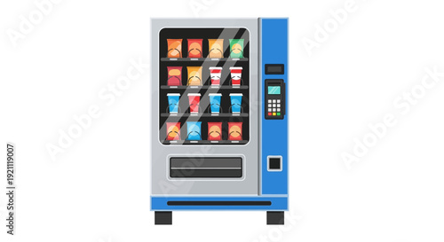 Blue vending machine with various snacks and drinks inside.