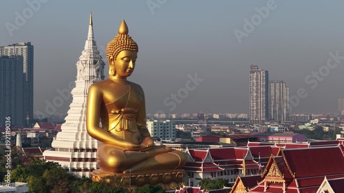Big golden buddha statue riverside temple pagoda local village city background Bangkok Thailand