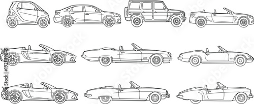 Car side view lineup vector illustration, sedan SUV convertible models collection, detailed automotive outline drawing set