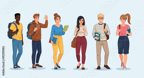 Diverse group of young adults standing together with books and backpacks.