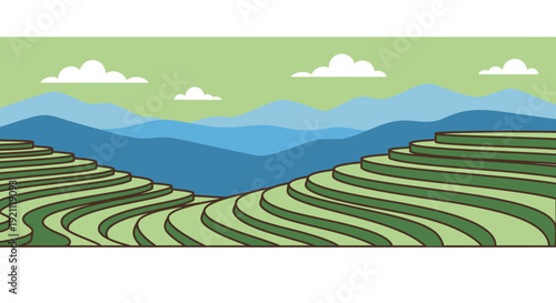 Serene landscape with rolling hills and terraced fields.