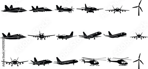 Aircraft Silhouette Vector Set, Military Jets Commercial Airplanes Helicopters and Wind Turbines, Aviation Icons Collection Isolated on White Background